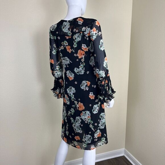 Mikael Aghal Women's Size 2 Floral Ruffle Pleated Sheer Dress Chiffon Victorian - Picture 9 of 13